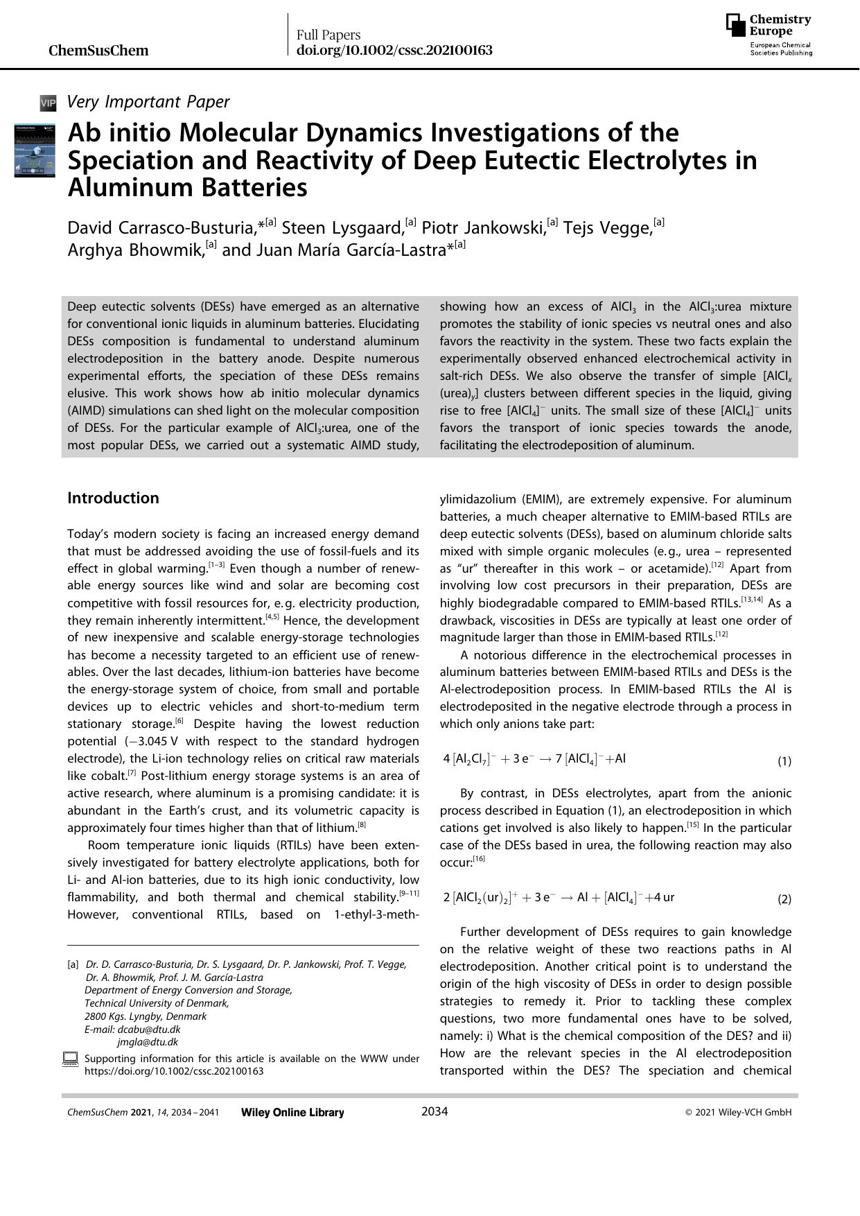 Ab initio Molecular Dynamics Investigations of the Speciation and Reactivity of Deep Eutectic Electrolytes in Aluminum Batteries by Unknown
