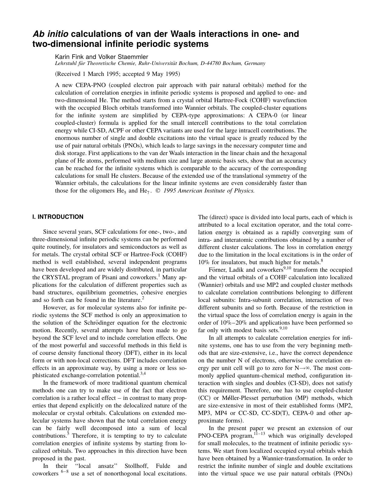 Ab initio calculations of van der Waals interactions in one-and two-dimensional infinite periodic systems by Karin Fink and Volker Staemmler