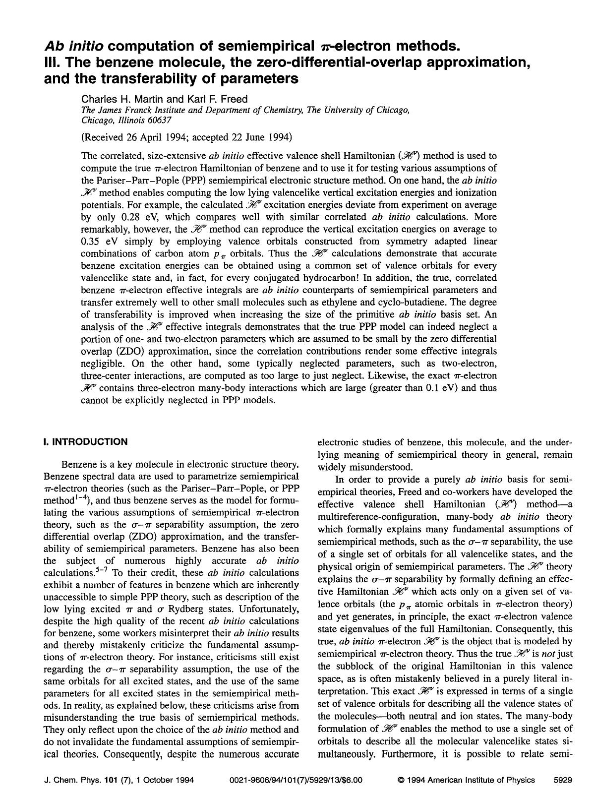 Ab initio computation of semiempirical &pgr;-electron methods. III. The benzene molecule, the zero-differential-overlap approximation, and the transferability of parameters by Charles H. Martin; Karl F. Freed