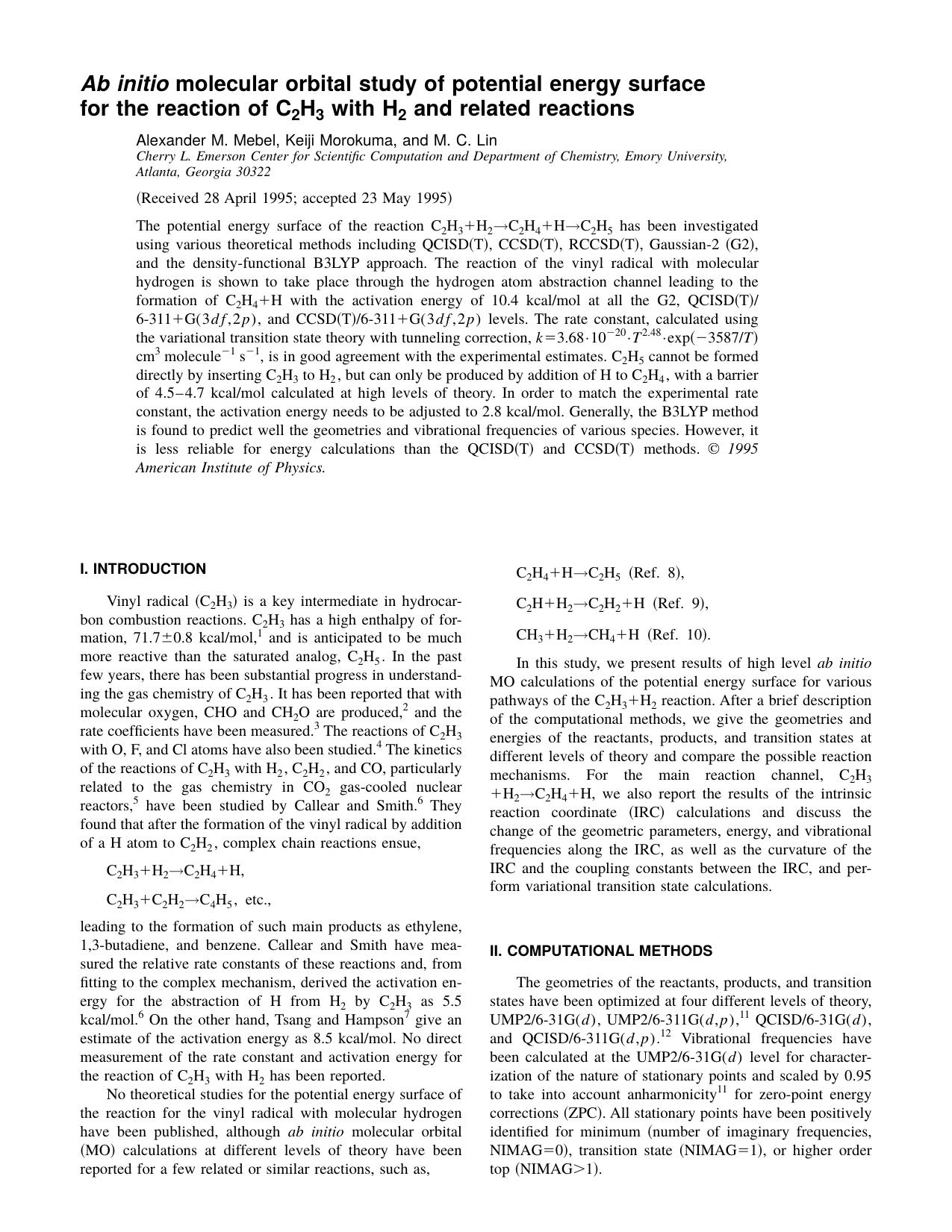 Ab initio molecular orbital study of potential energy surface for the reaction of C 2 H 3 with H 2 and related reactions by Alexander M. Mebel & Keiji Morokuma & and M. C. Lin