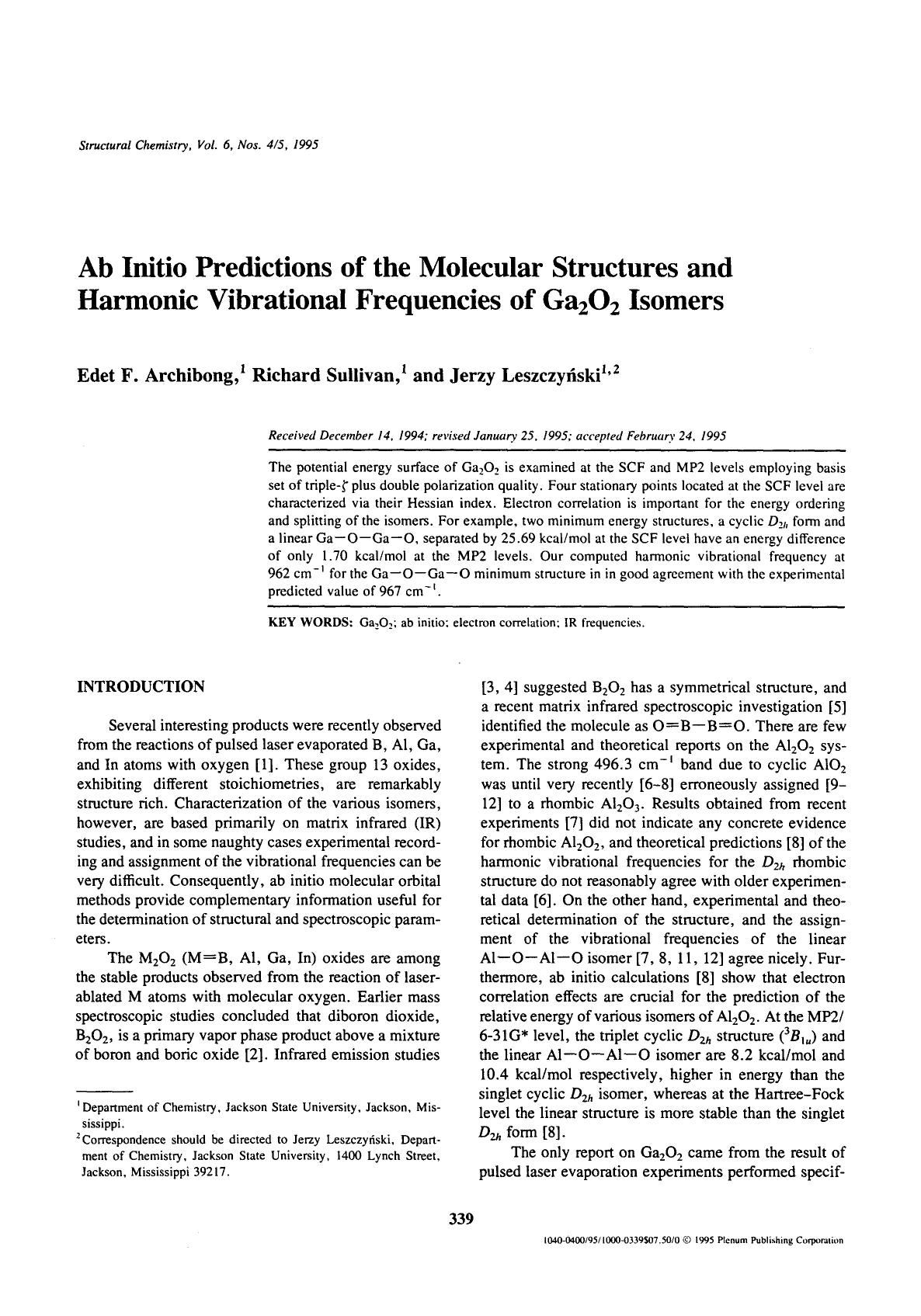 Ab initio predictions of the molecular structures and harmonic vibrational frequencies of Ga <Subscript>2 <Subscript>O <Subscript>2 <Subscript> isomers by Unknown