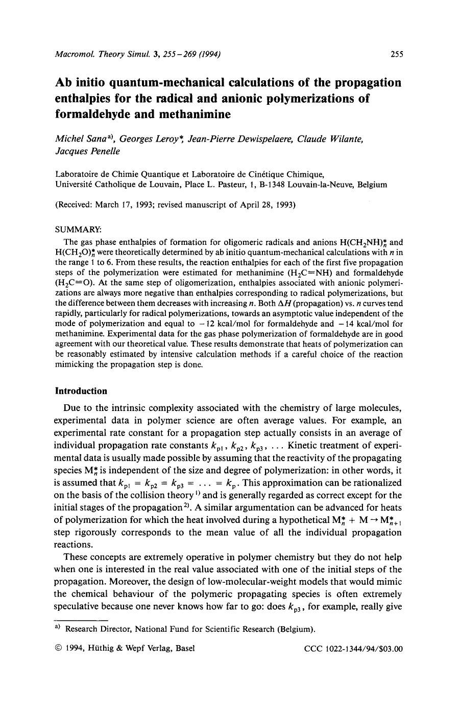 Ab initio quantum-mechanical calculations of the propagation enthalpies for the radical and anionic polymerizations of formaldehyde and methanimine by Unknown