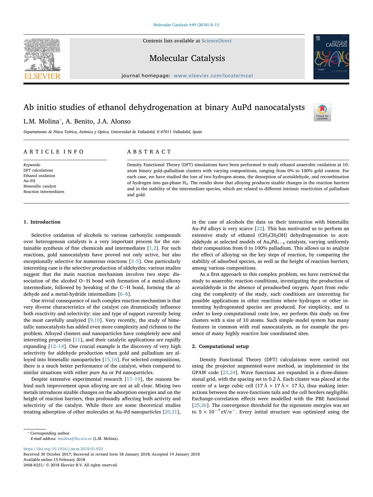 Ab initio studies of ethanol dehydrogenation at binary AuPd nanocatalysts by L.M. Molina & A. Benito & J.A. Alonso