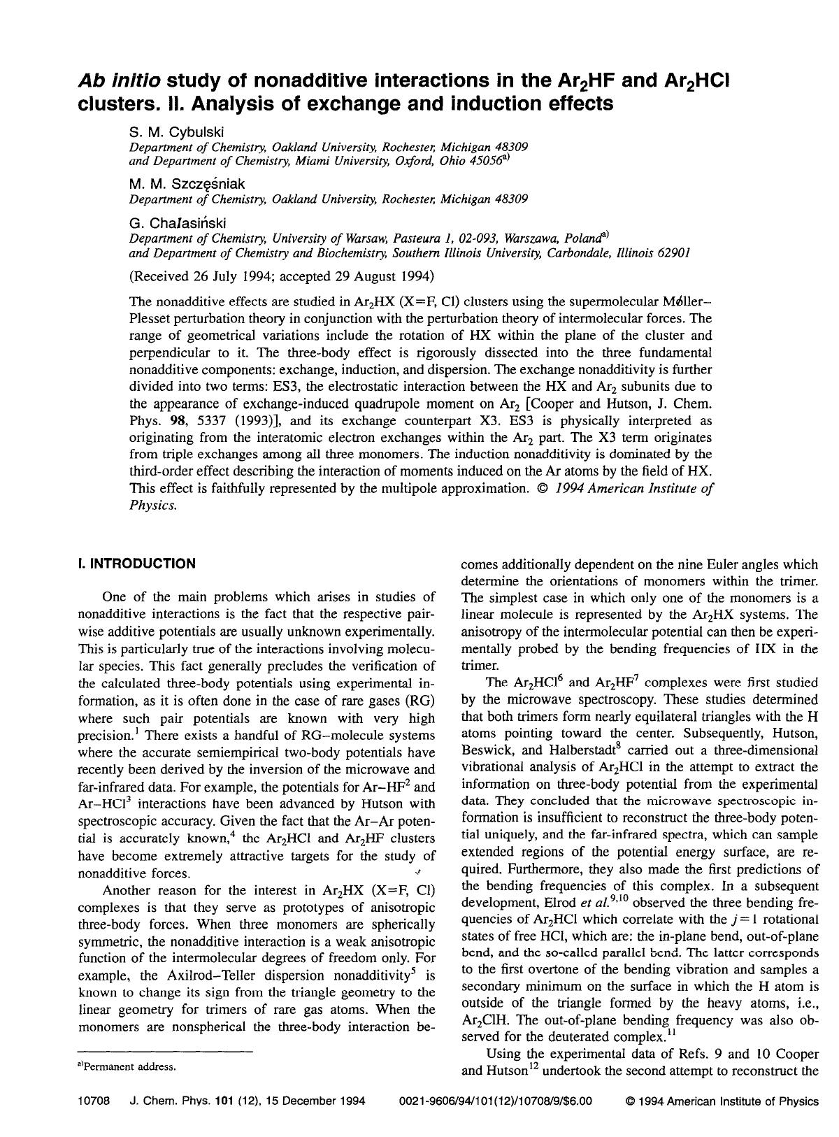 Ab initio study of nonadditive interactions in the Ar2HF and Ar2HCl clusters. II. Analysis of exchange and induction effects by S. M. Cybulski; M. M. Szcze&&hook;sniak; G. Cha &&slash;asinski