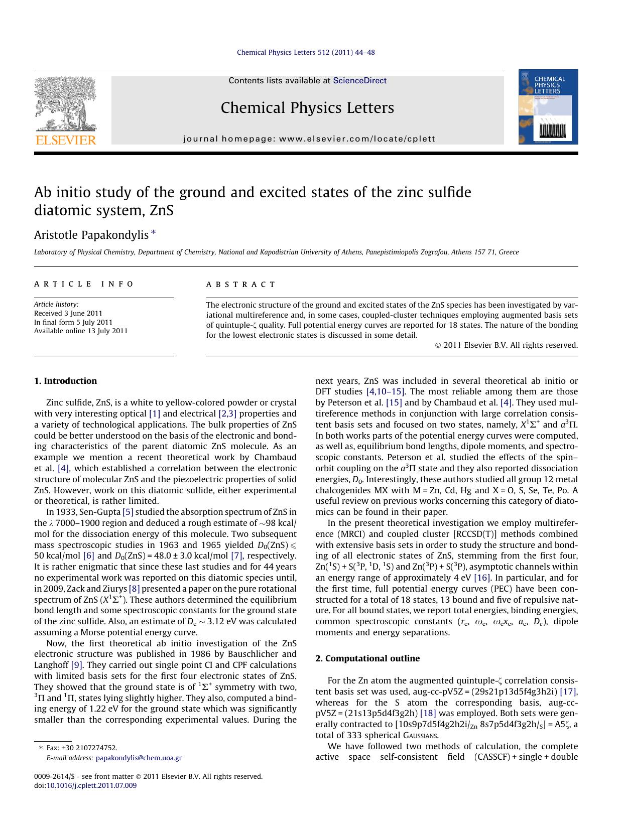 Ab initio study of the ground and excited states of the zinc sulfide diatomic system, ZnS by Aristotle Papakondylis