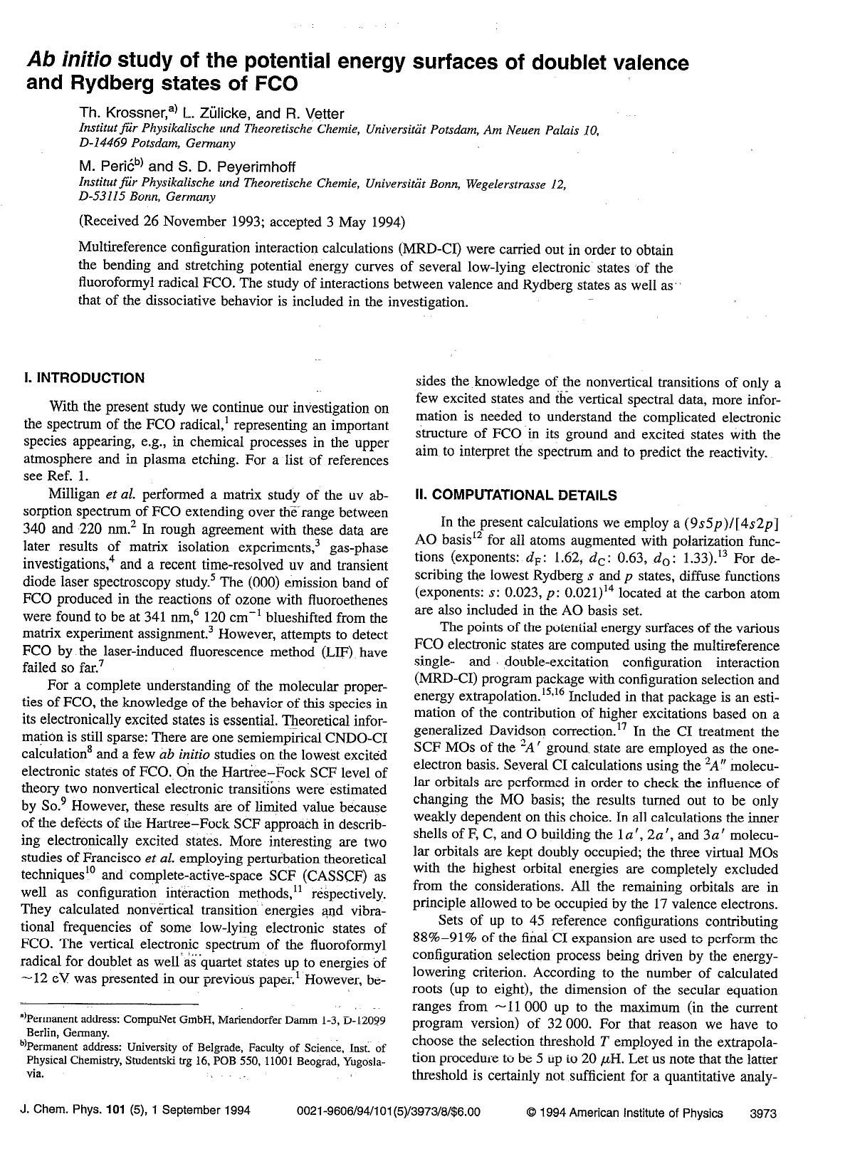 Ab initio study of the potential energy surfaces of doublet valence and Rydberg states of FCO by Th. Krossner; L. Zulicke; R. Vetter; M. Peric; S. D. Peyerimhoff