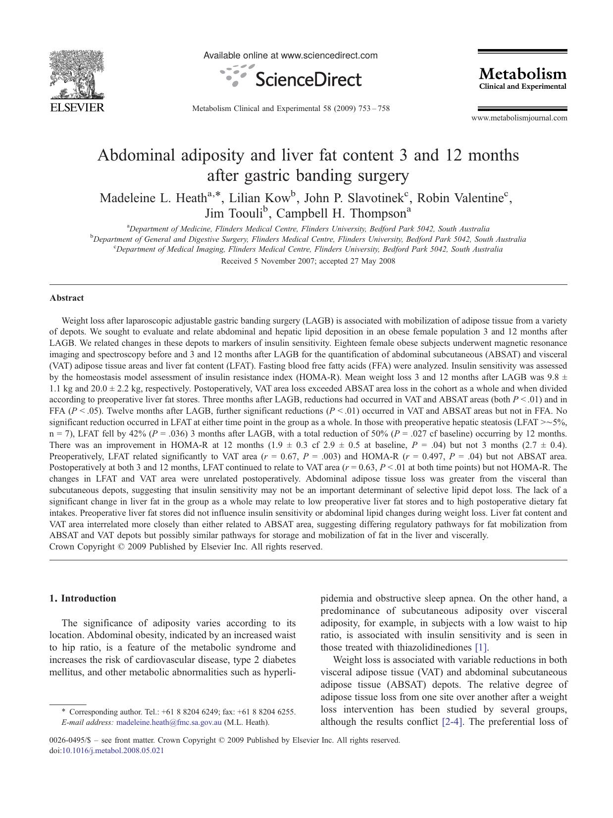 Abdominal adiposity and liver fat content 3 and 12 months after gastric banding surgery by unknow