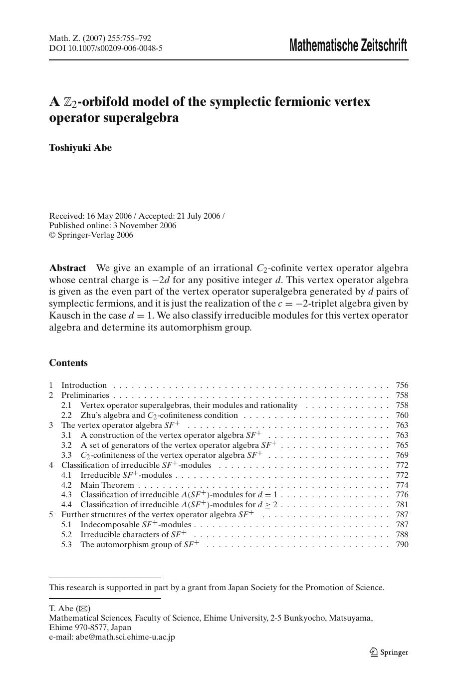 Abe T. by A Z 2-orbifold model of the symplectic fermionic vertex operator superalgebra (2006)(38s)