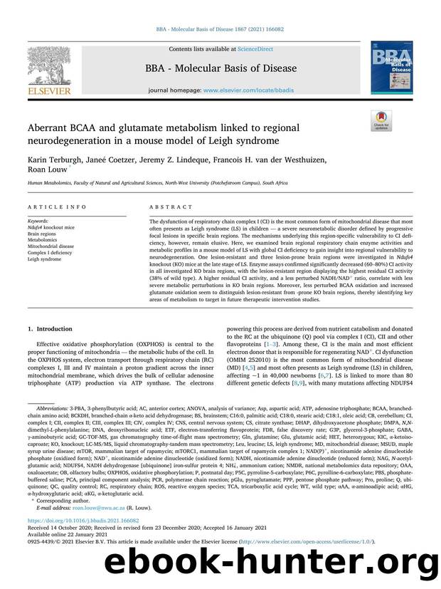 Aberrant BCAA and glutamate metabolism linked to regional neurodegeneration in a mouse model of Leigh syndrome by Karin Terburgh & Janeé Coetzer & Jeremy Z. Lindeque & Francois H. van der Westhuizen & Roan Louw