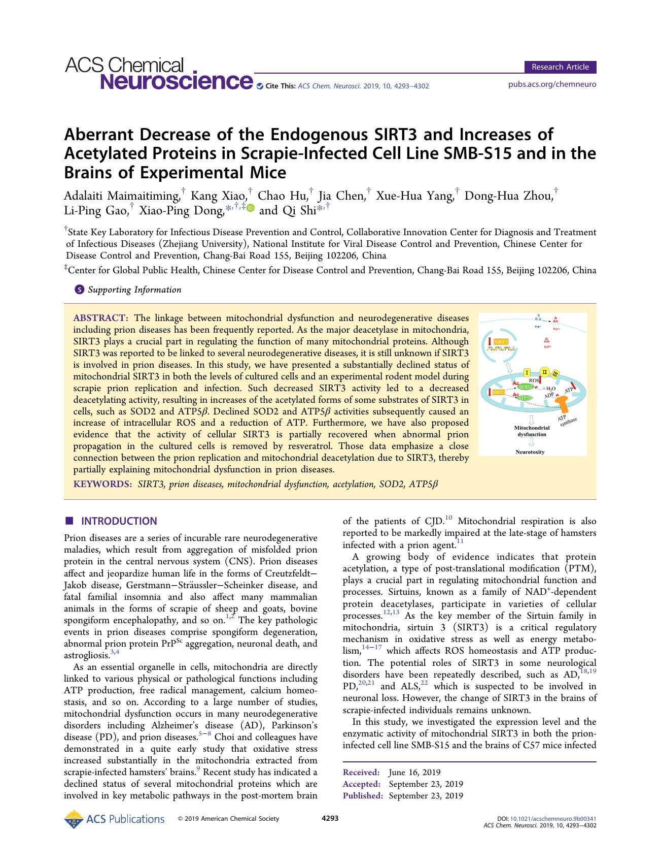 Aberrant Decrease of the Endogenous SIRT3 and Increases of Acetylated Proteins in Scrapie-Infected Cell Line SMB-S15 and in the Brains of Experimental Mice by unknow