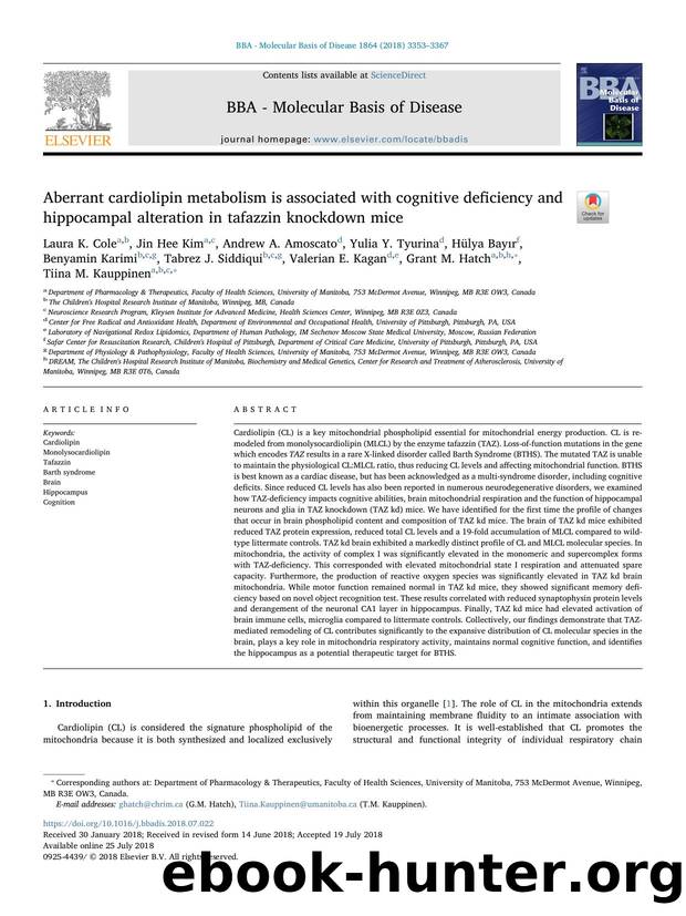 Aberrant cardiolipin metabolism is associated with cognitive deficiency and hippocampal alteration in tafazzin knockdown mice by unknow