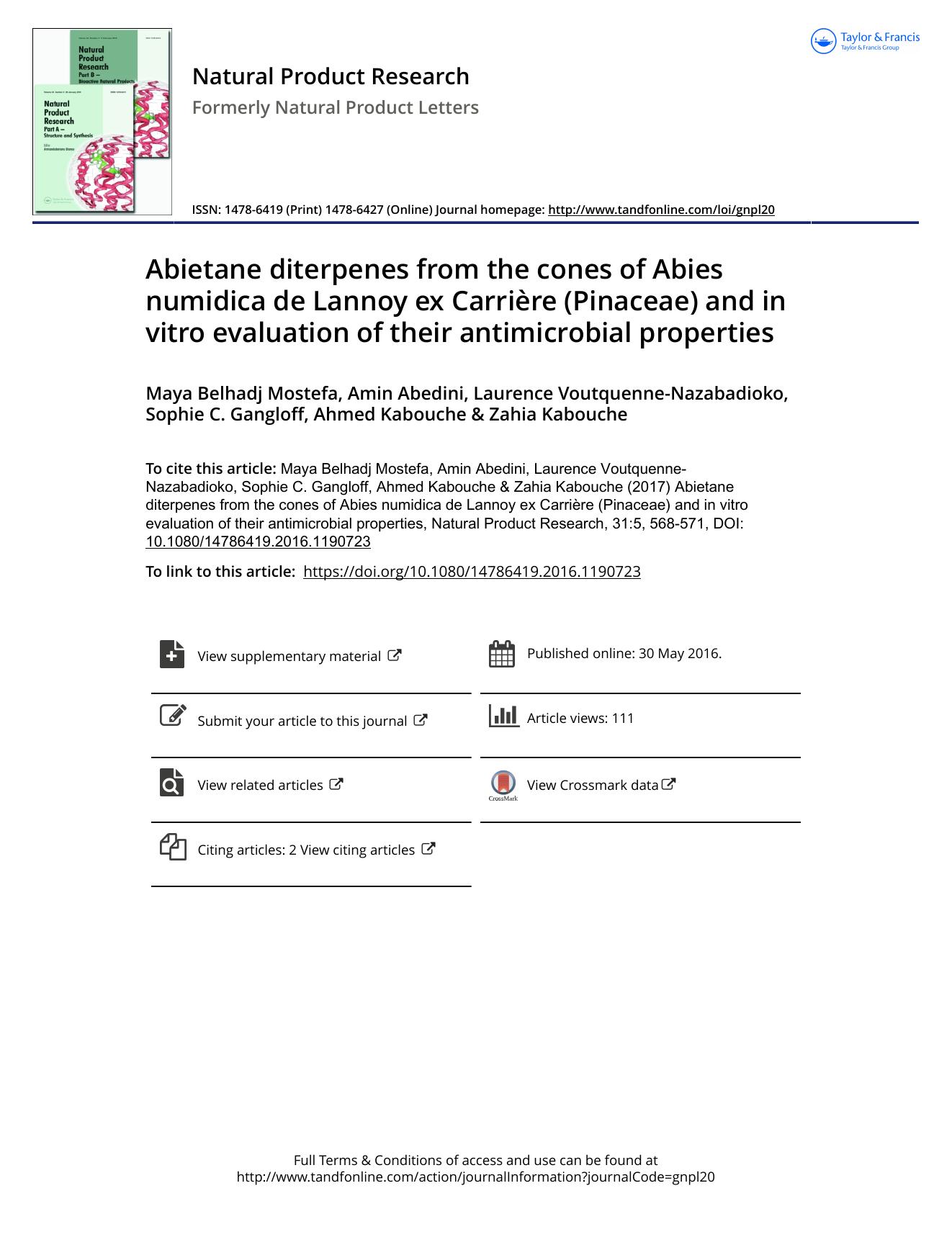Abietane diterpenes from the cones of Abies numidica de Lannoy ex CarriÃ¨re (Pinaceae) and in vitro evaluation of their antimicrobial properties by unknow