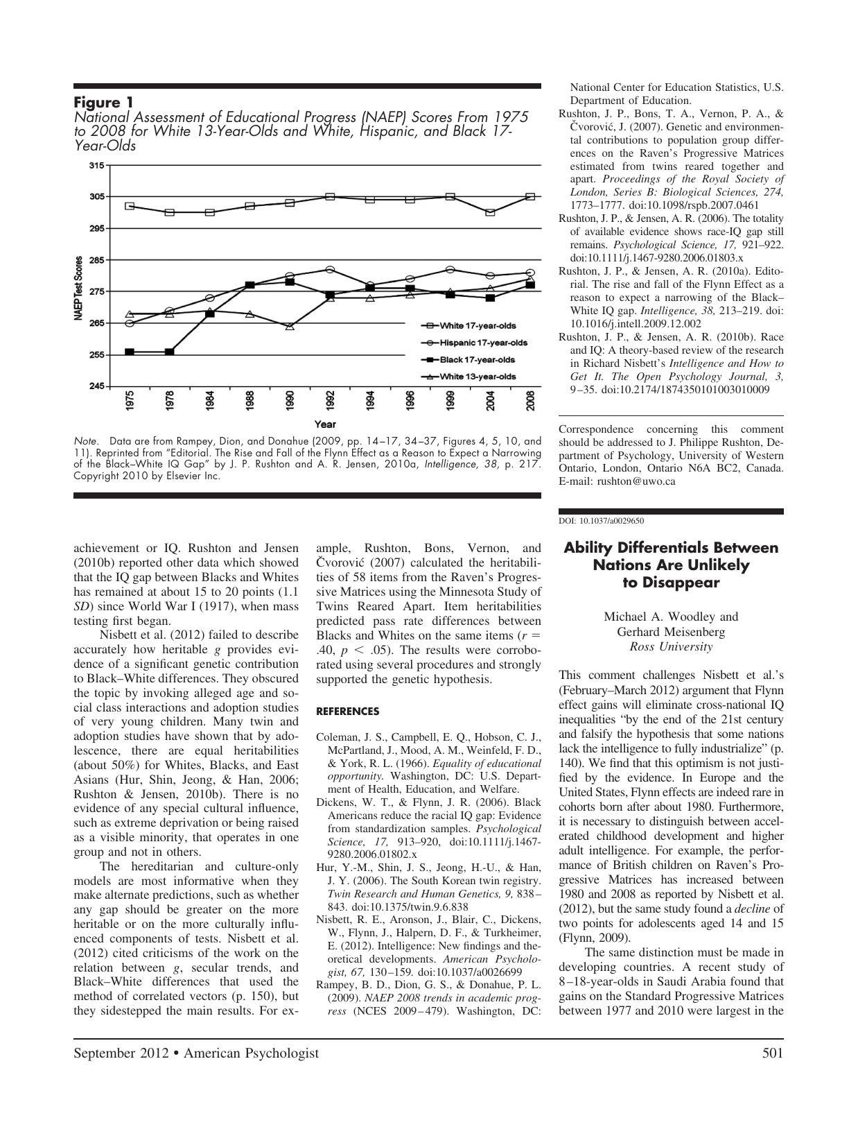Ability Differentials Between Nations Are Unlikely to Disappear (2012) by Michael Anthony Woodley & Gerhard Meisenberg by Unknown