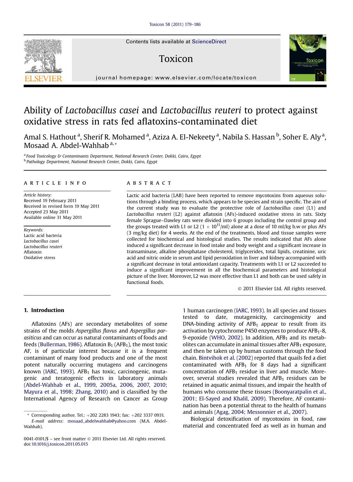 Ability of Lactobacillus casei and Lactobacillus reuteri to protect against oxidative stress in rats fed aflatoxins-contaminated diet by unknow