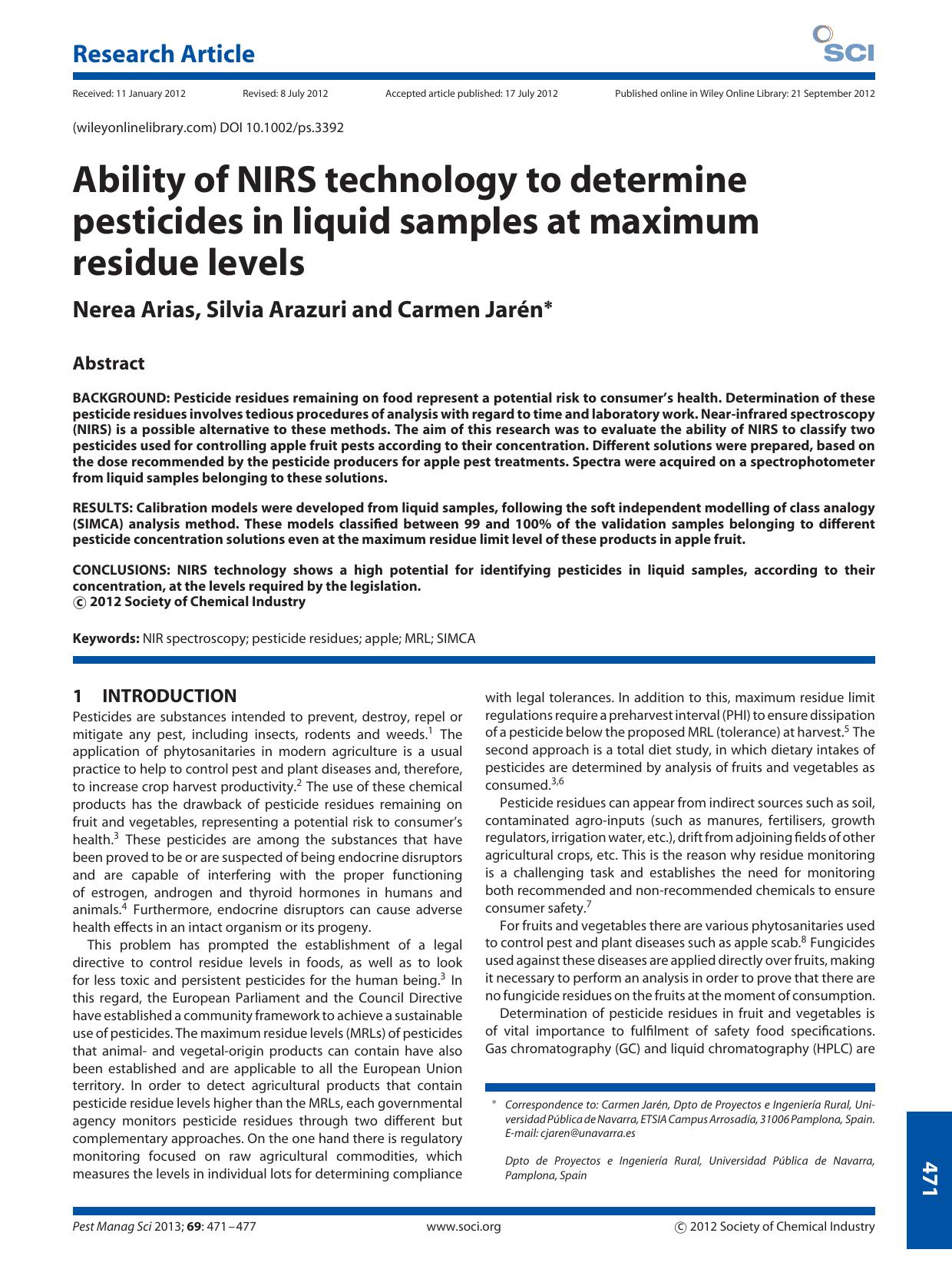 Ability of NIRS technology to determine pesticides in liquid samples at maximum residue levels by Unknown