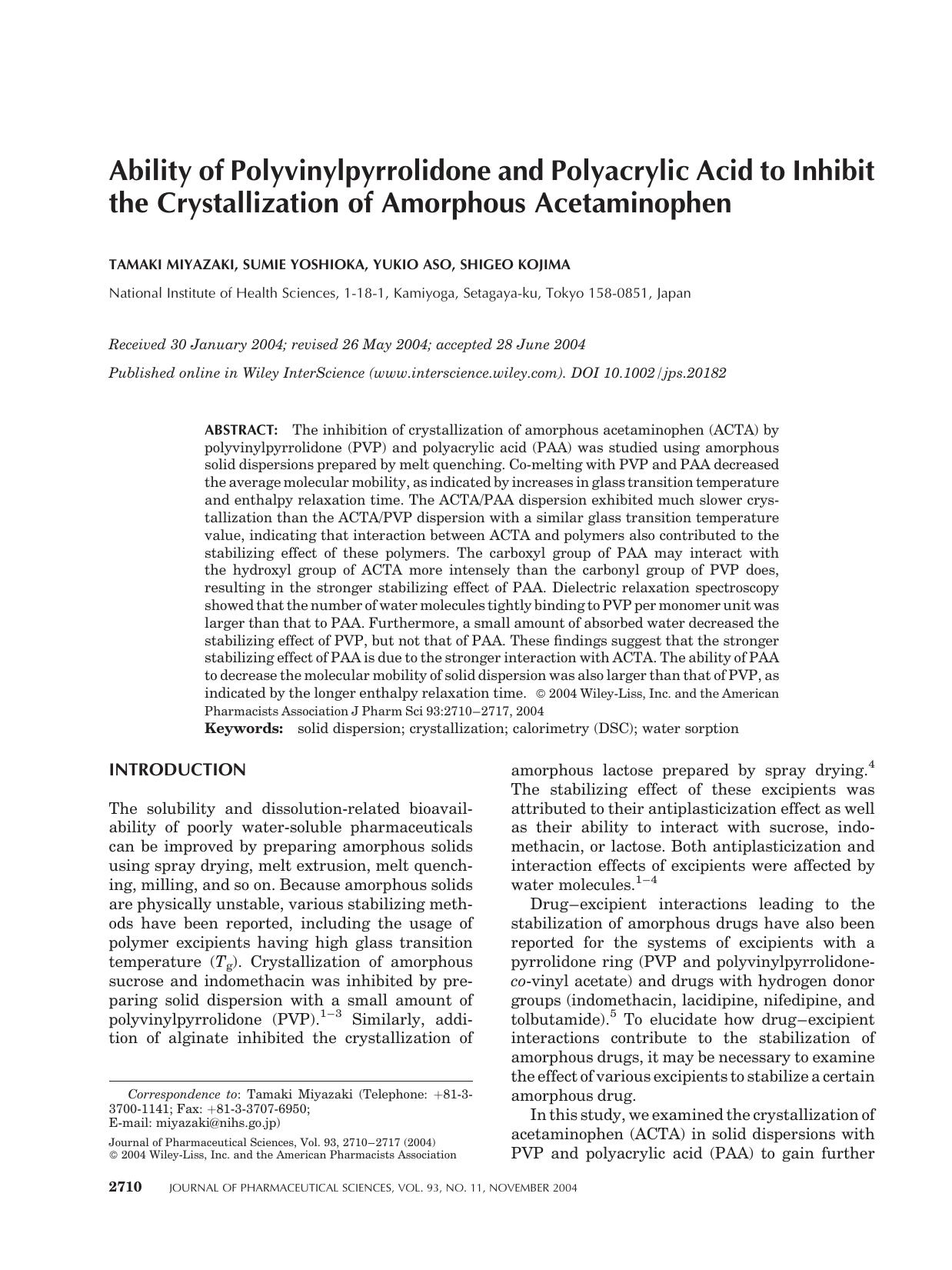 Ability of polyvinylpyrrolidone and polyacrylic acid to inhibit the crystallization of amorphous acetaminophen by Unknown
