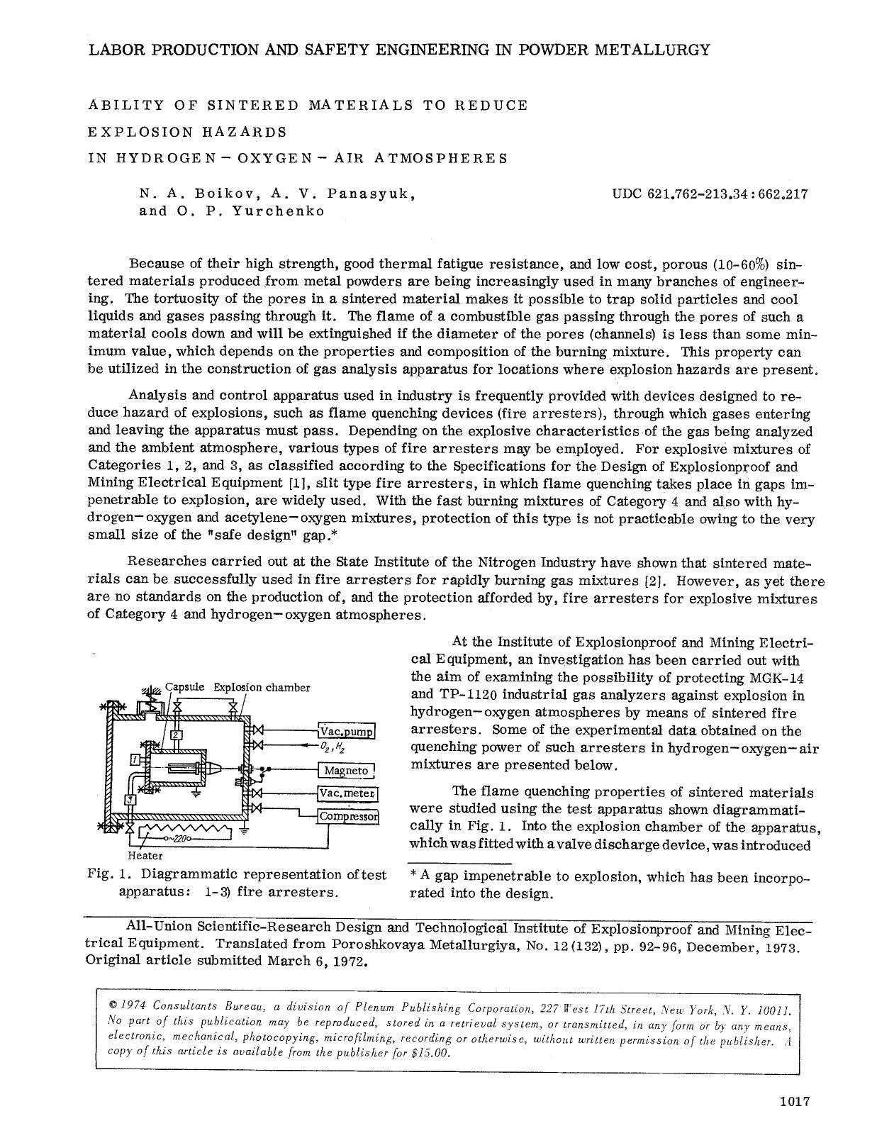 Ability of sintered materials to reduce explosion hazards in hydrogen-oxygen-air atmospheres by Unknown