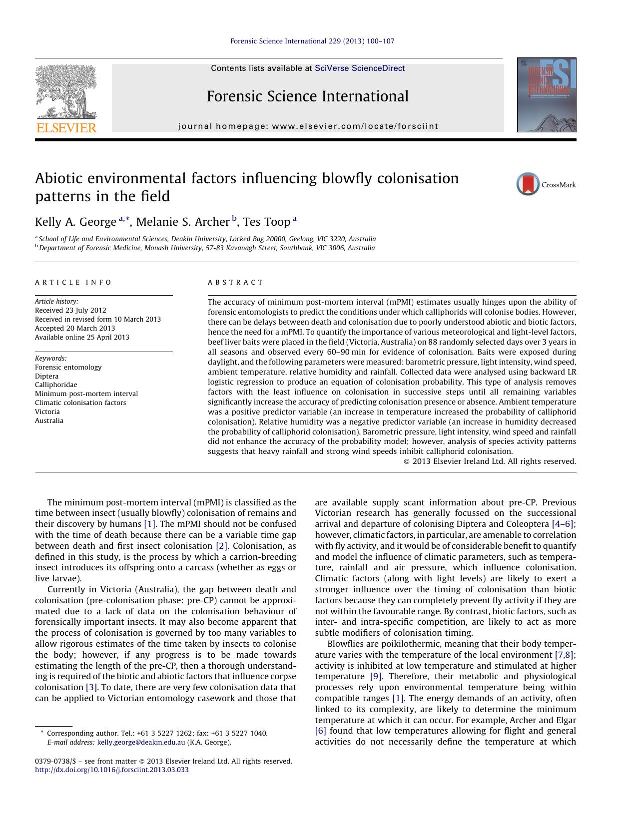 Abiotic environmental factors influencing blowfly colonisation patterns in the field by Kelly A. George