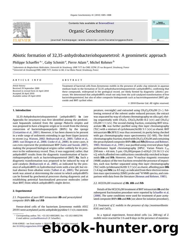 Abiotic formation of 32,35-anhydrobacteriohopanetetrol: A geomimetic approach by Philippe Schaeffer & Gaby Schmitt & Pierre Adam & Michel Rohmer