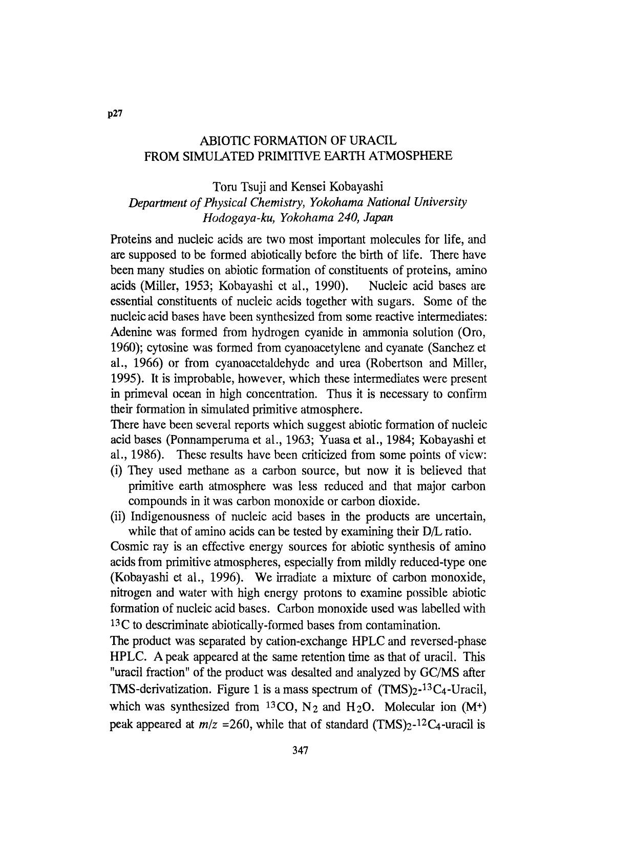 Abiotic formation of uracil from simulted primitive Earth atmosphere by Unknown