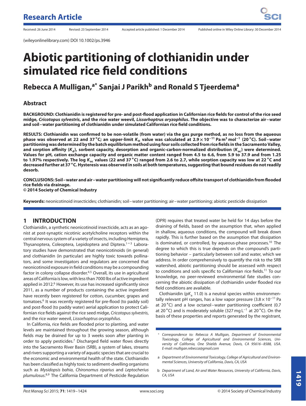 Abiotic partitioning of clothianidin under simulated rice field conditions by Unknown