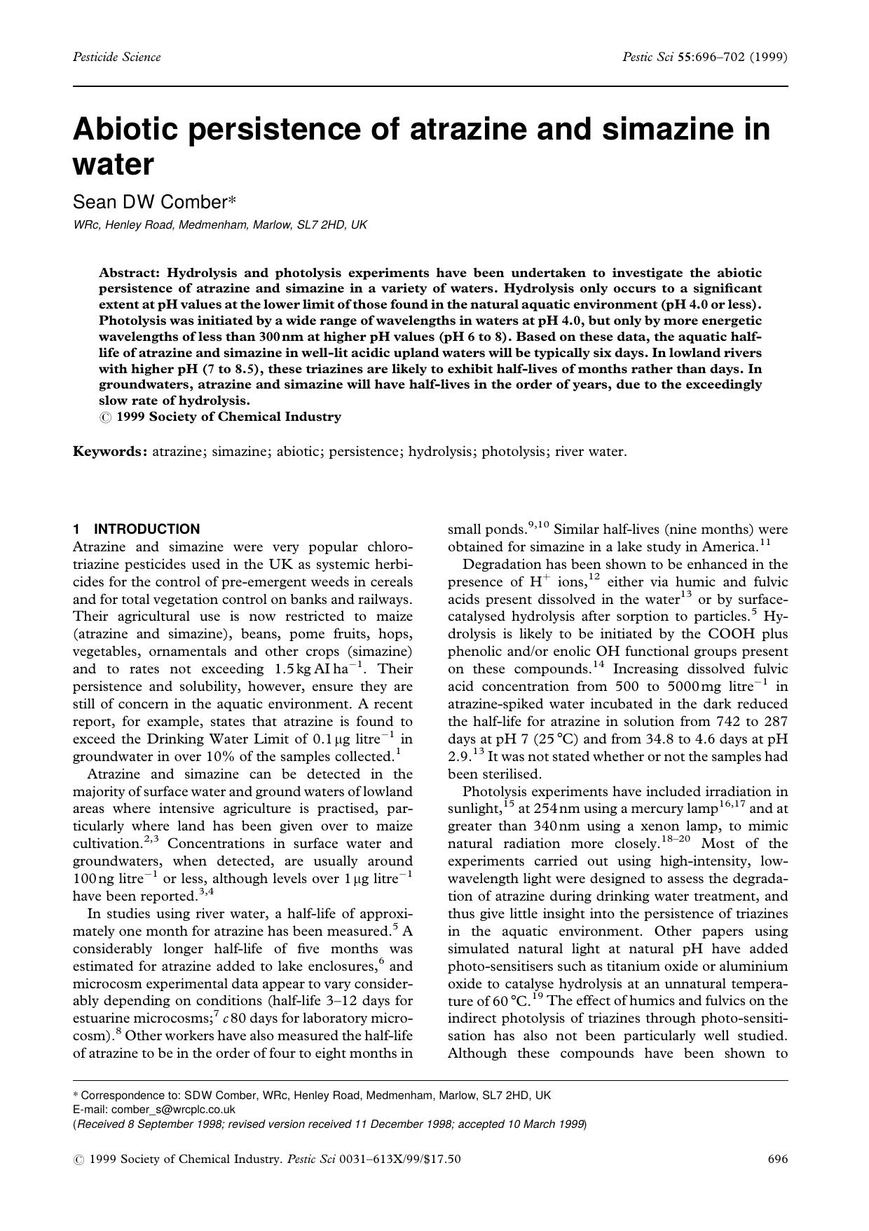 Abiotic persistence of atrazine and simazine in water by Unknown