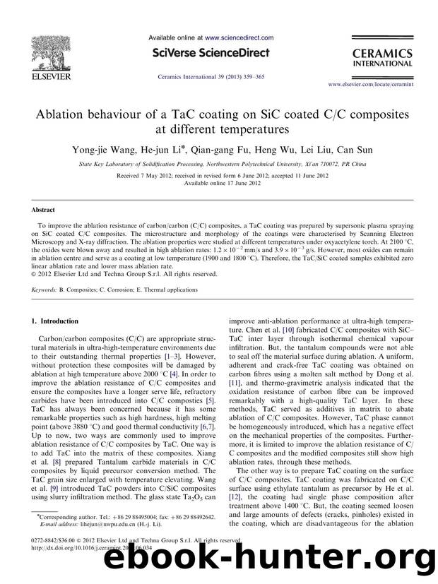 Ablation behaviour of a TaC coating on SiC coated CC composites at different temperatures by Yong-jie Wang & He-jun Li & Qian-gang Fu & Heng Wu & Lei Liu & Can Sun