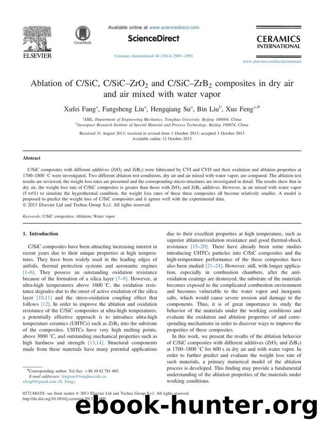 Ablation of CSiC, CSiCâZrO2 and CSiCâZrB2 composites in dry air and air mixed with water vapor by Xufei Fang & Fangsheng Liu & Hengqiang Su & Bin Liu & Xue Feng