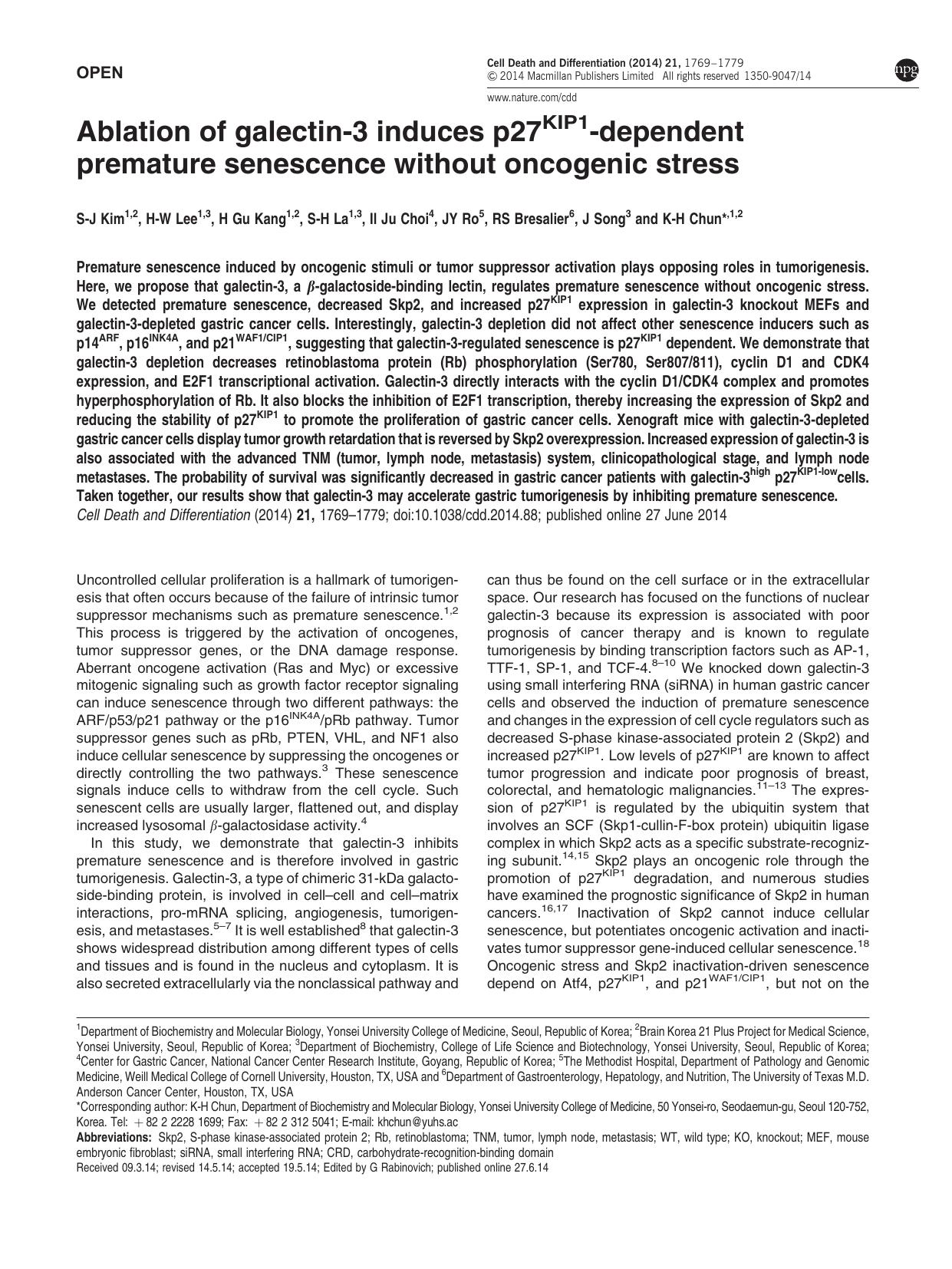Ablation of galectin-3 induces p27KIP1-dependent premature senescence without oncogenic stress by S-J Kim & H-W Lee & H Gu Kang & S-H La & Il Ju Choi & J Y Ro & R S Bresalier & J Song & K-H Chun