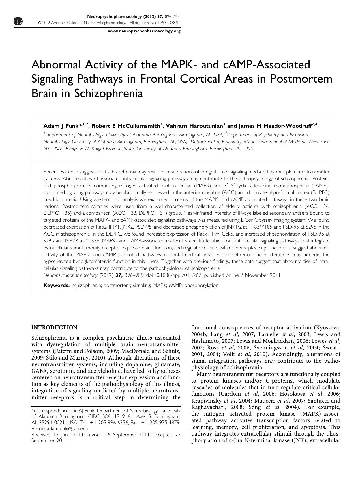 Abnormal Activity of the MAPK- and cAMP-Associated Signaling Pathways in Frontal Cortical Areas in Postmortem Brain in Schizophrenia by Adam J Funk & Robert E McCullumsmith & Vahram Haroutunian & James H Meador-Woodruff