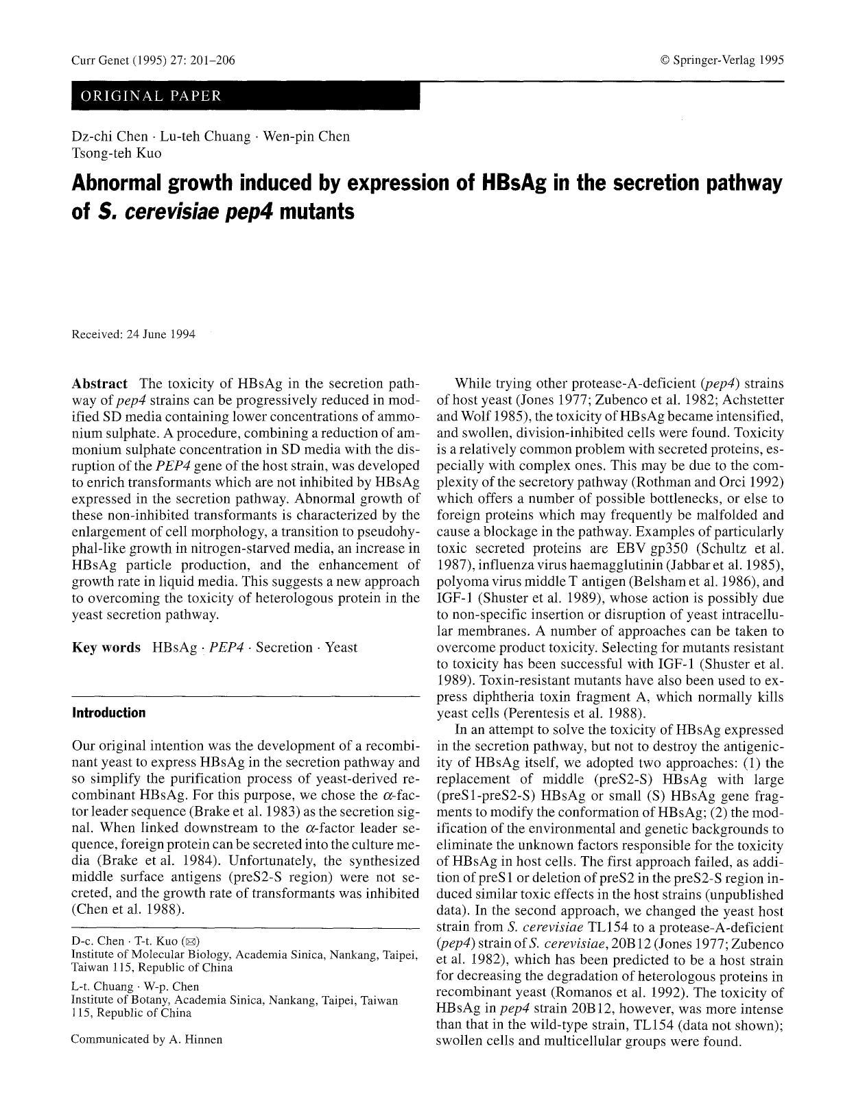Abnormal growth induced by expression of HBsAg in the secretion pathway of <Emphasis Type="Italic">S. cerevisiae pep4<Emphasis> mutants by Unknown