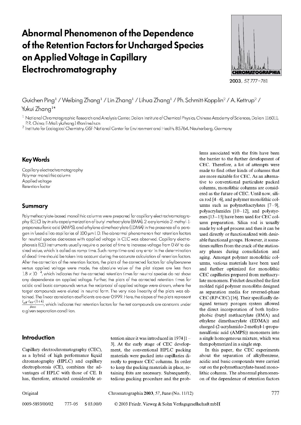 Abnormal phenomenon of the dependence of the retention factors for uncharged species on applied voltage in capillary electrochromatography by Unknown