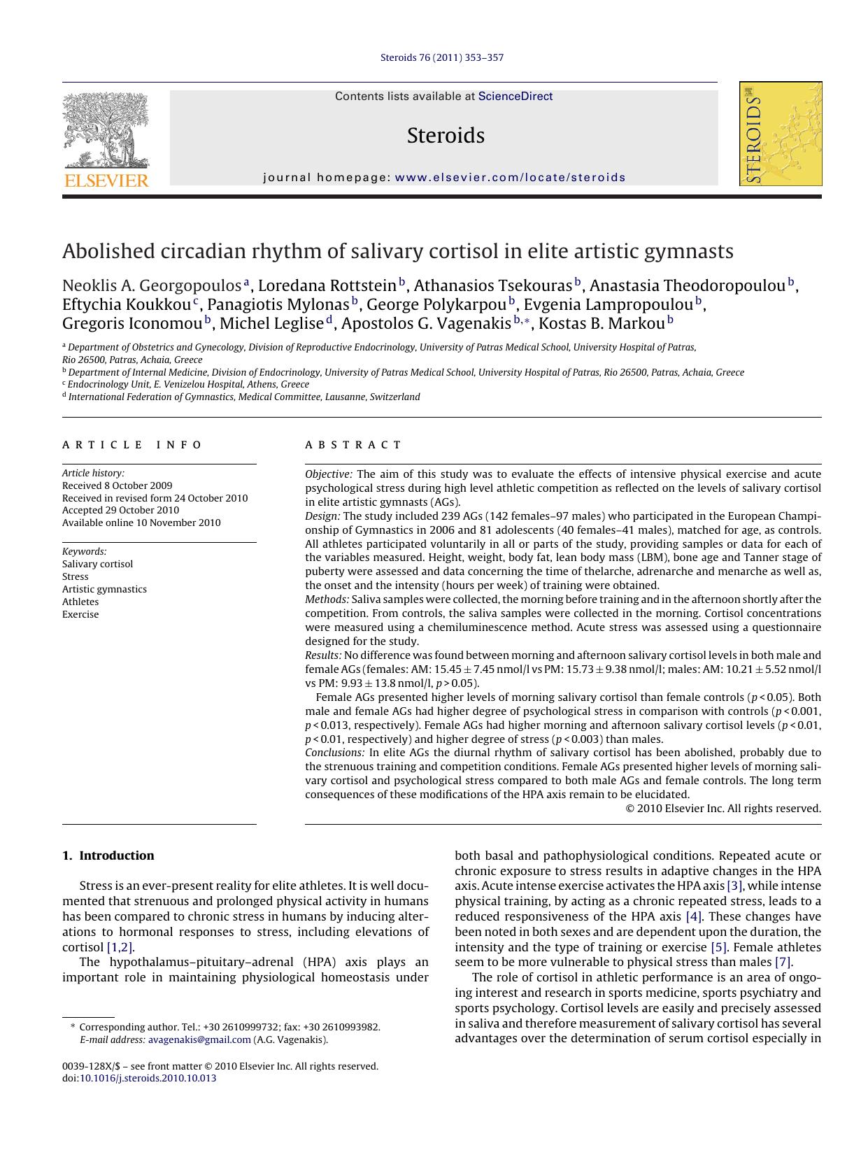 Abolished circadian rhythm of salivary cortisol in elite artistic gymnasts by Neoklis A. Georgopoulos