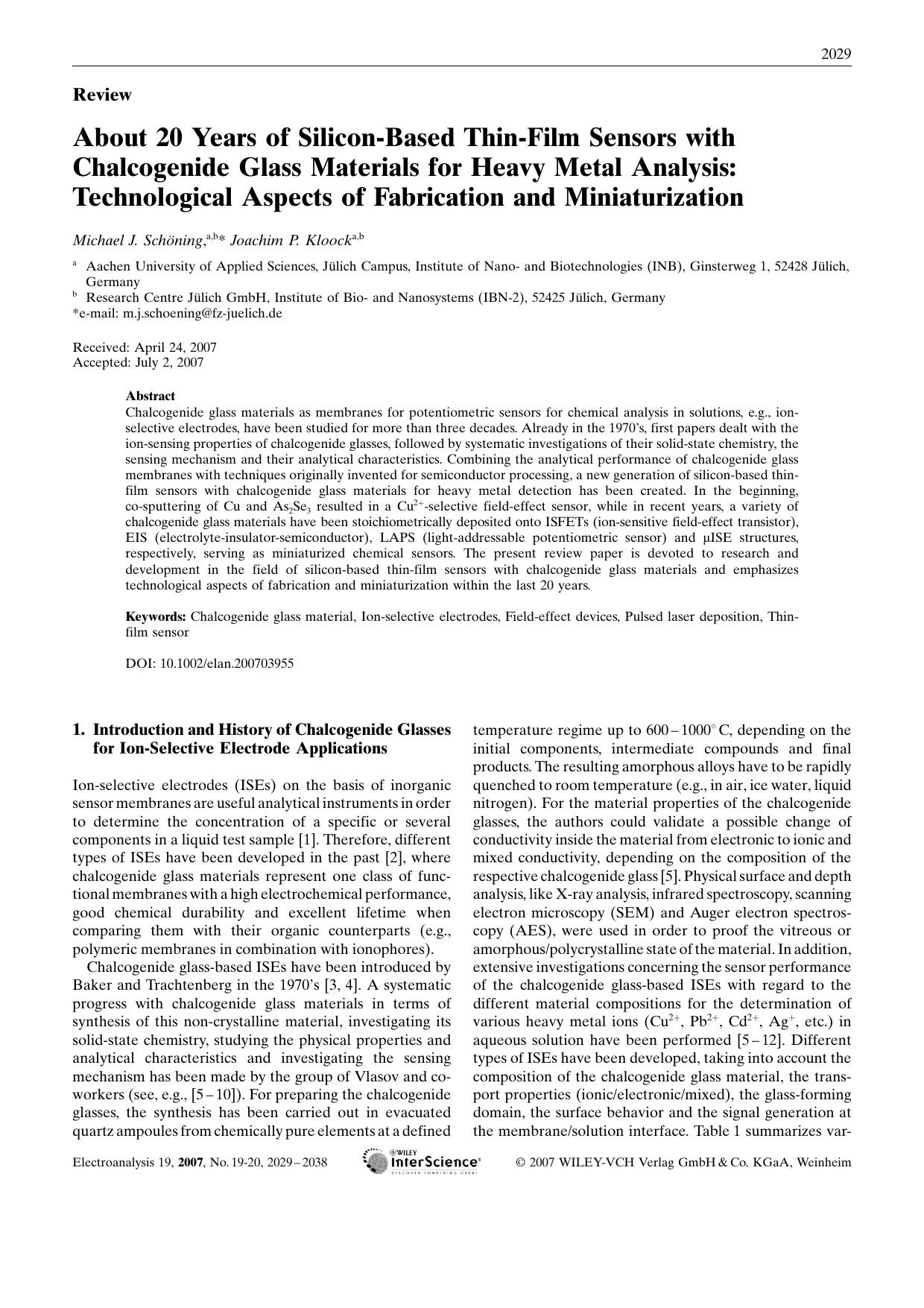 About 20 Years of Silicon-Based Thin-Film Sensors with Chalcogenide Glass Materials for Heavy Metal Analysis: Technological Aspects of Fabrication and Miniaturization by Unknown