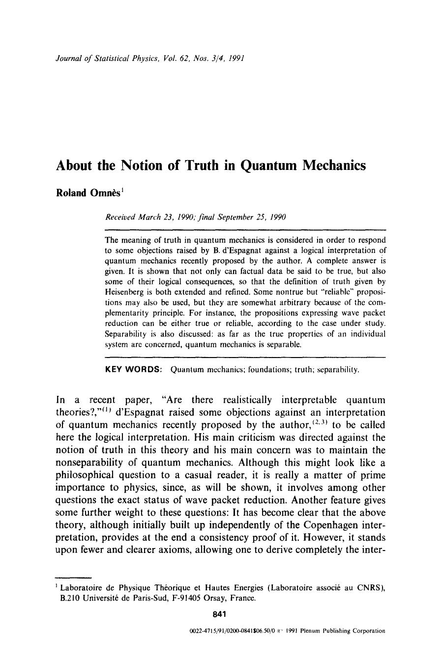 About the notion of truth in quantum mechanics by Unknown