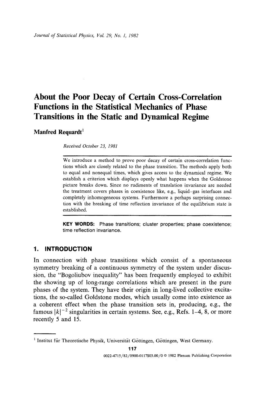 About the poor decay of certain cross-correlation functions in the statistical mechanics of phase transitions in the static and dynamical regime by Unknown