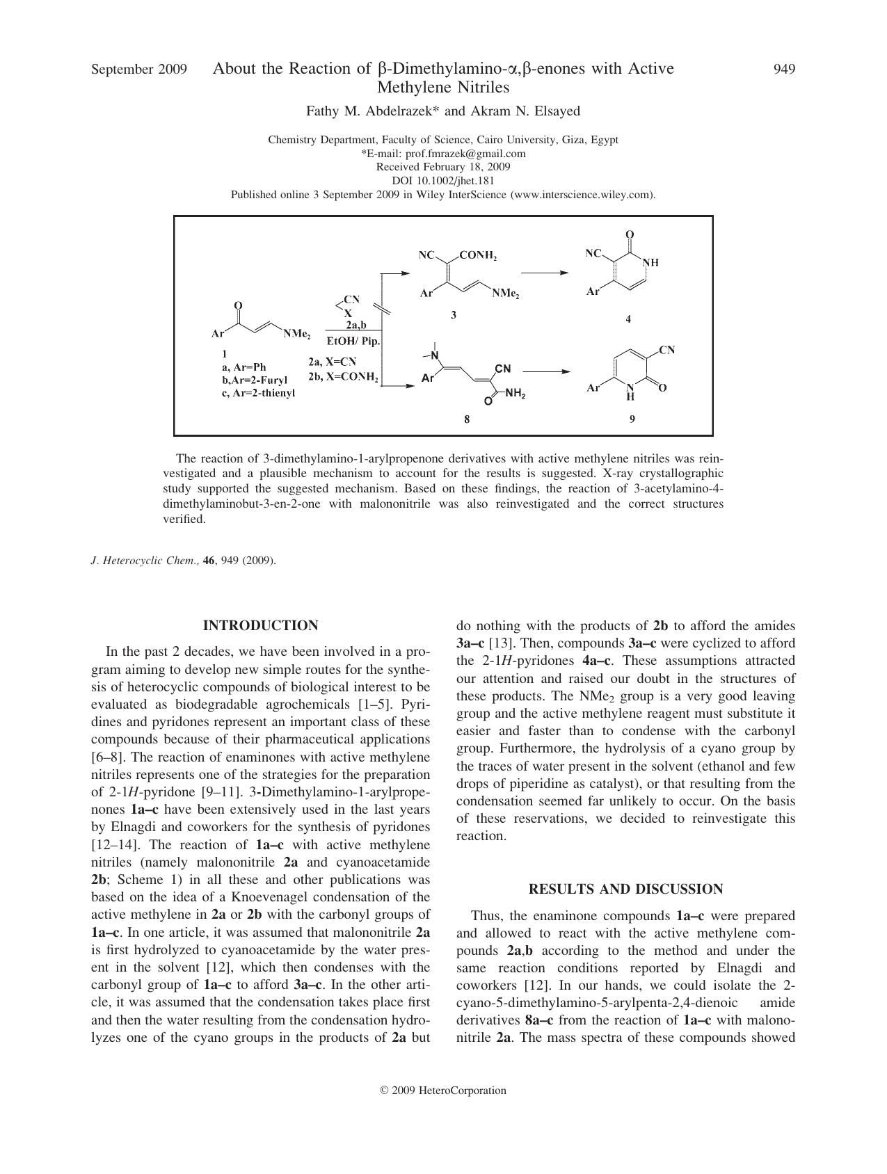 About the reaction of [beta]-dimethylamino-[alpha],[beta]-enones with active methylene nitriles by Unknown