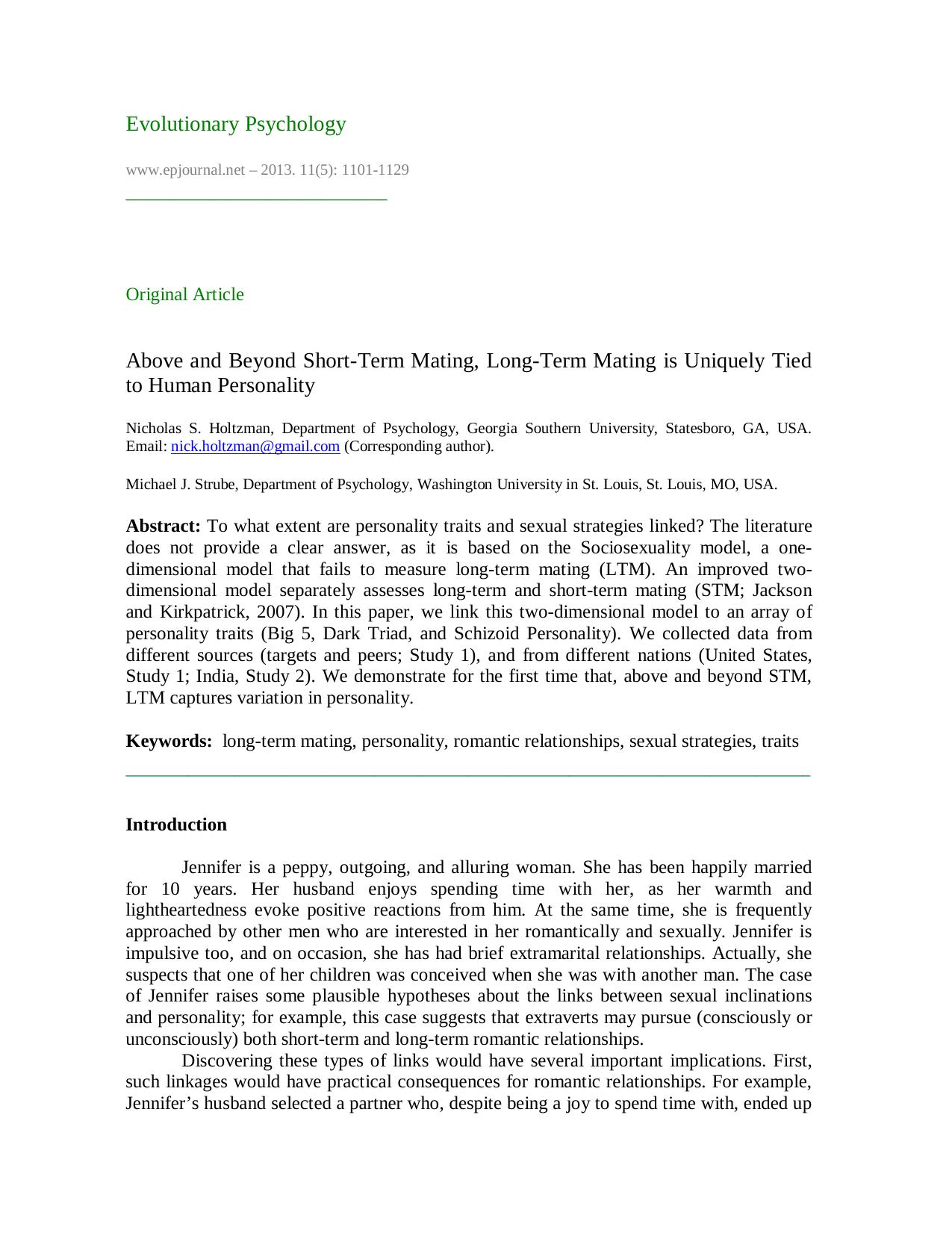 Above and Beyond Short-Term Mating, Long-Term Mating is Uniquely Tied to Human Personality by Nicholas S. Holtzman & Michael J. Strube
