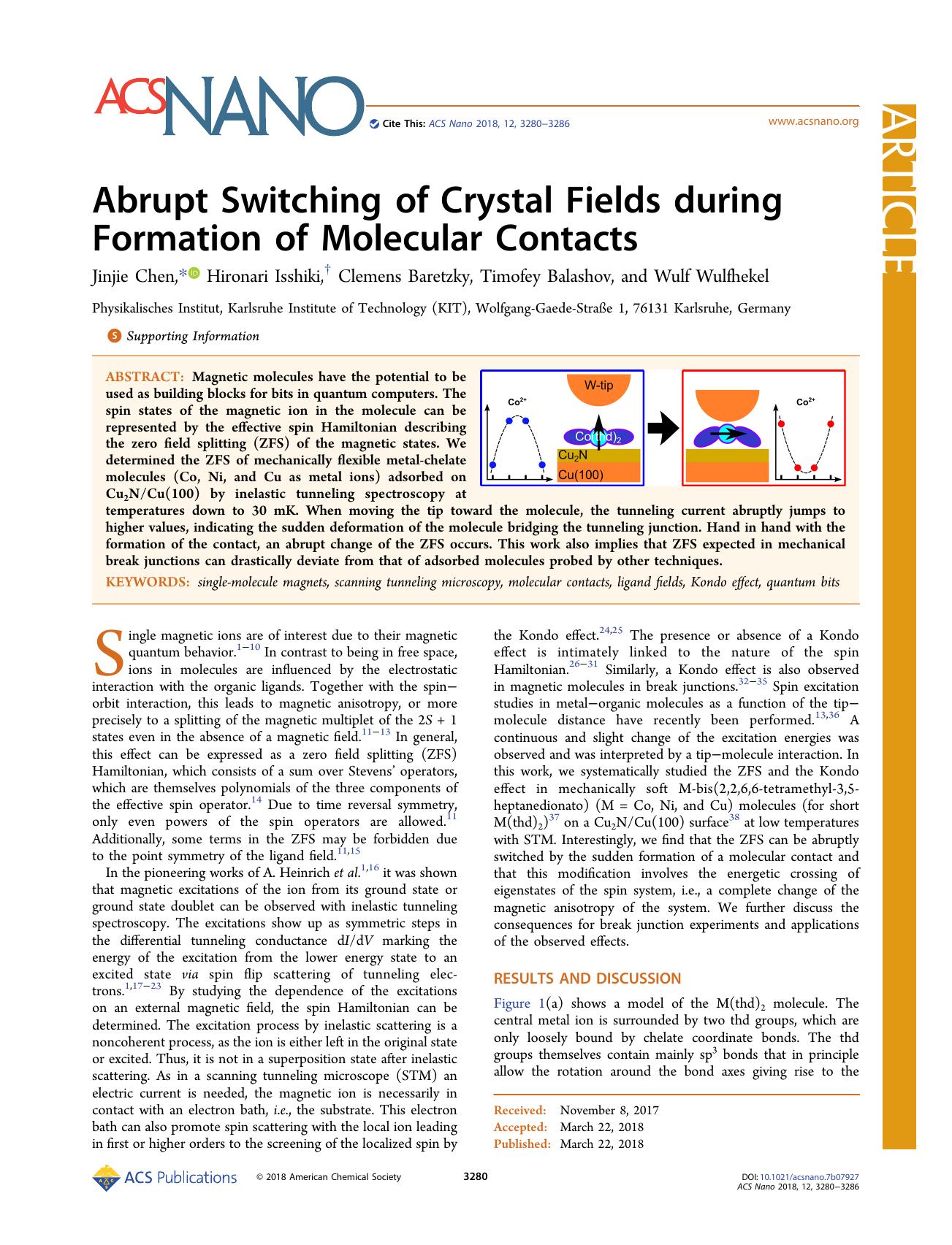 Abrupt Switching of Crystal Fields during Formation of Molecular Contacts by Jinjie Chen Hironari Isshiki Clemens Baretzky Timofey Balashov and Wulf Wulfhekel