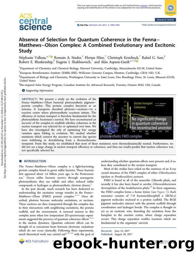 Absence of Selection for Quantum Coherence in the FennaâMatthewsâOlson Complex: A Combined Evolutionary and Excitonic Study by unknow