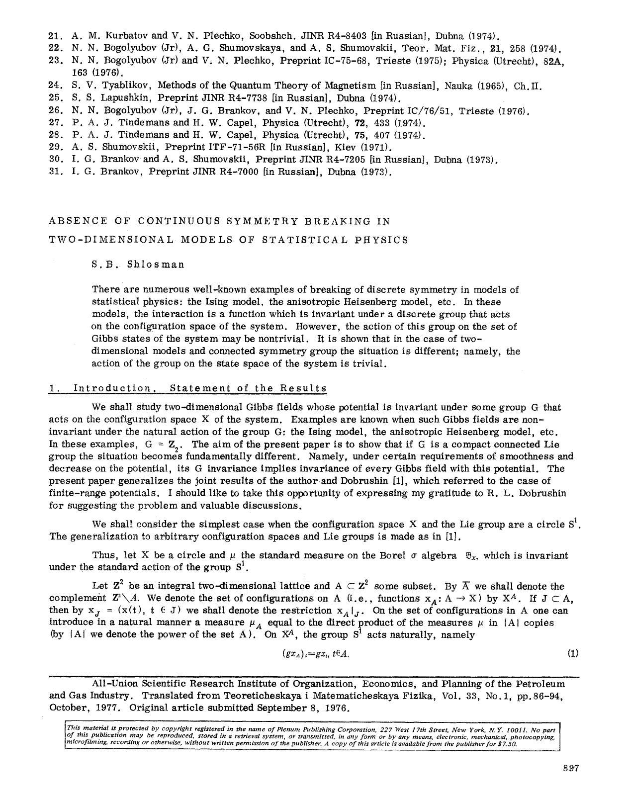 Absence of continuous symmetry breaking in two-dimensional models of statistical physics by Unknown