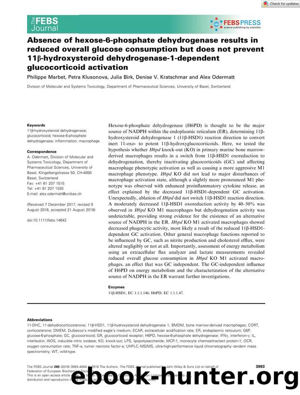 Absence of hexoseâ6âphosphate dehydrogenase results in reduced overall glucose consumption but does not prevent 11Î²âhydroxysteroid dehydrogenaseâ1âdependent glucocorticoid activation by Unknown