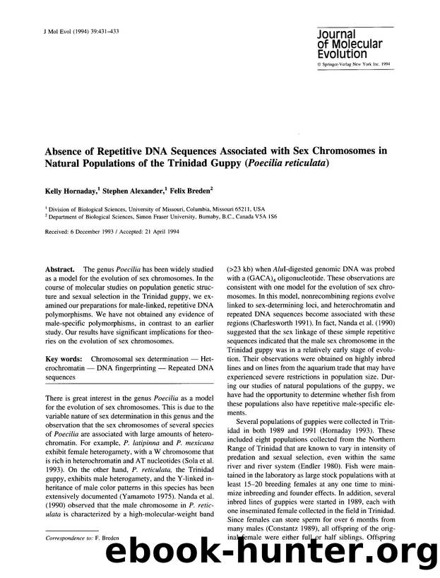 Absence of repetitive DNA sequences associated with sex chromosomes in natural populations of the Trinidad guppy ( <Emphasis Type="Italic">Poecilia reticulata <Emphasis>) by Unknown