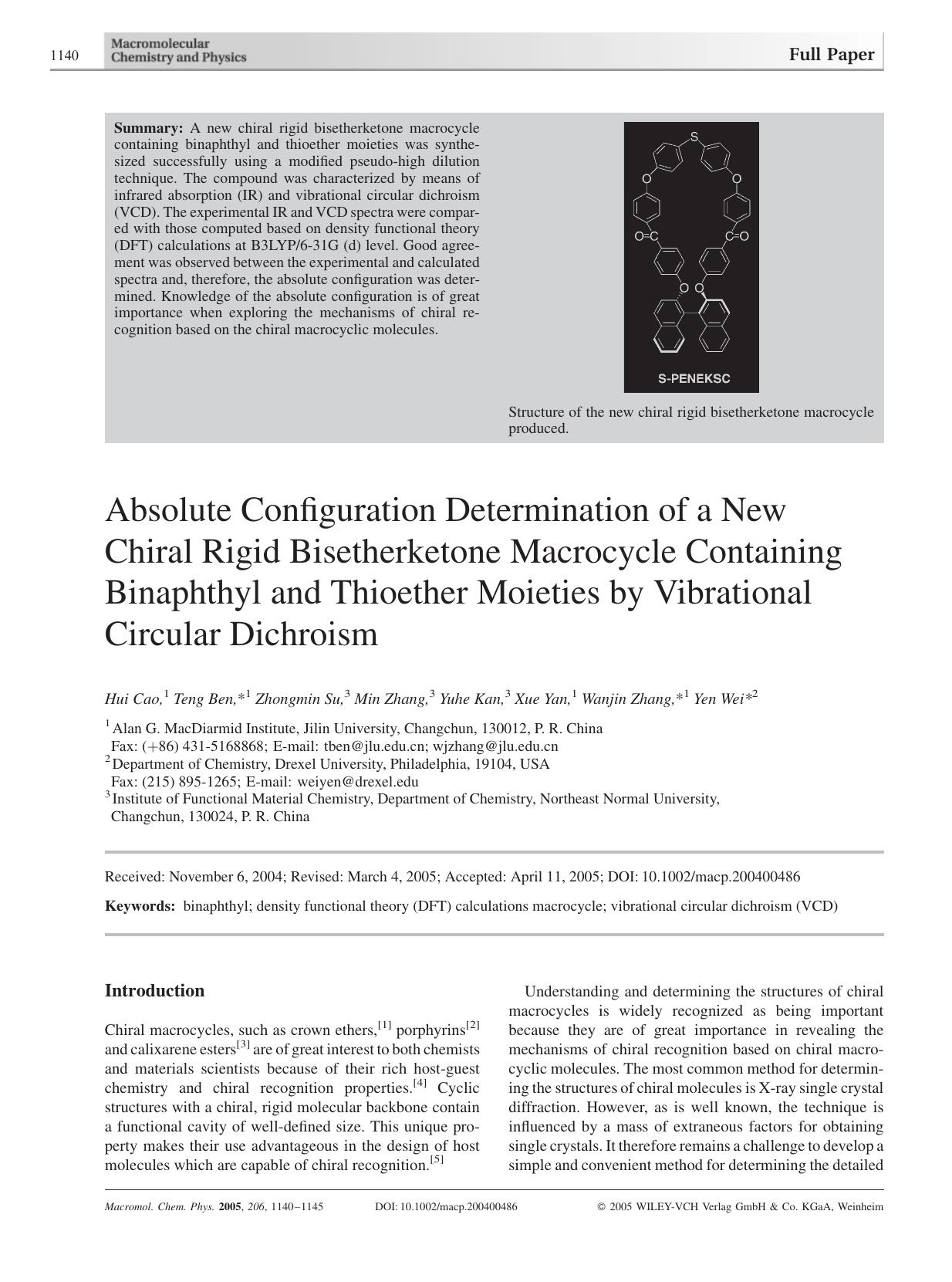 Absolute Configuration Determination of a New Chiral Rigid Bisetherketone Macrocycle Containing Binaphthyl and Thioether Moieties by Vibrational Circular Dichroism by Unknown