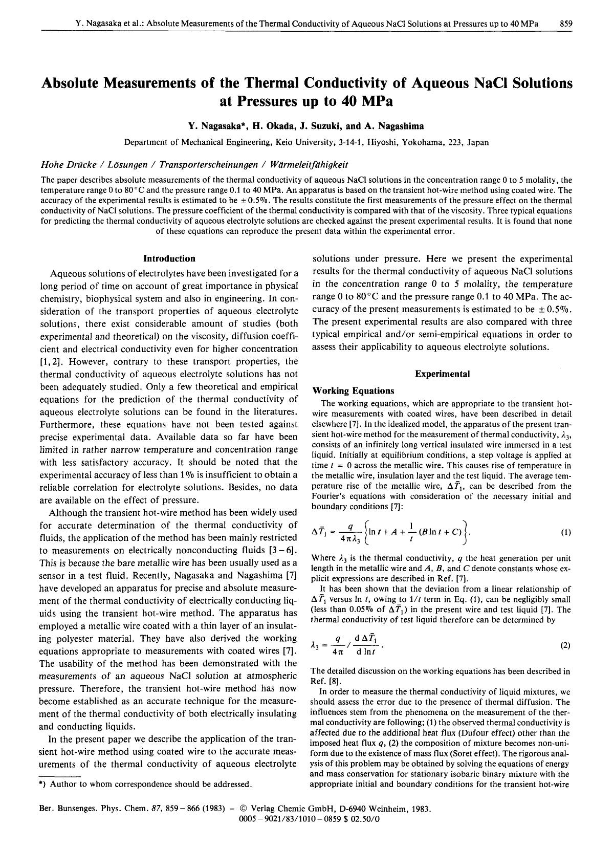 Absolute Measurements of the Thermal Conductivity of Aqueous NaCl Solutions at Pressures up to 40 MPa by Unknown