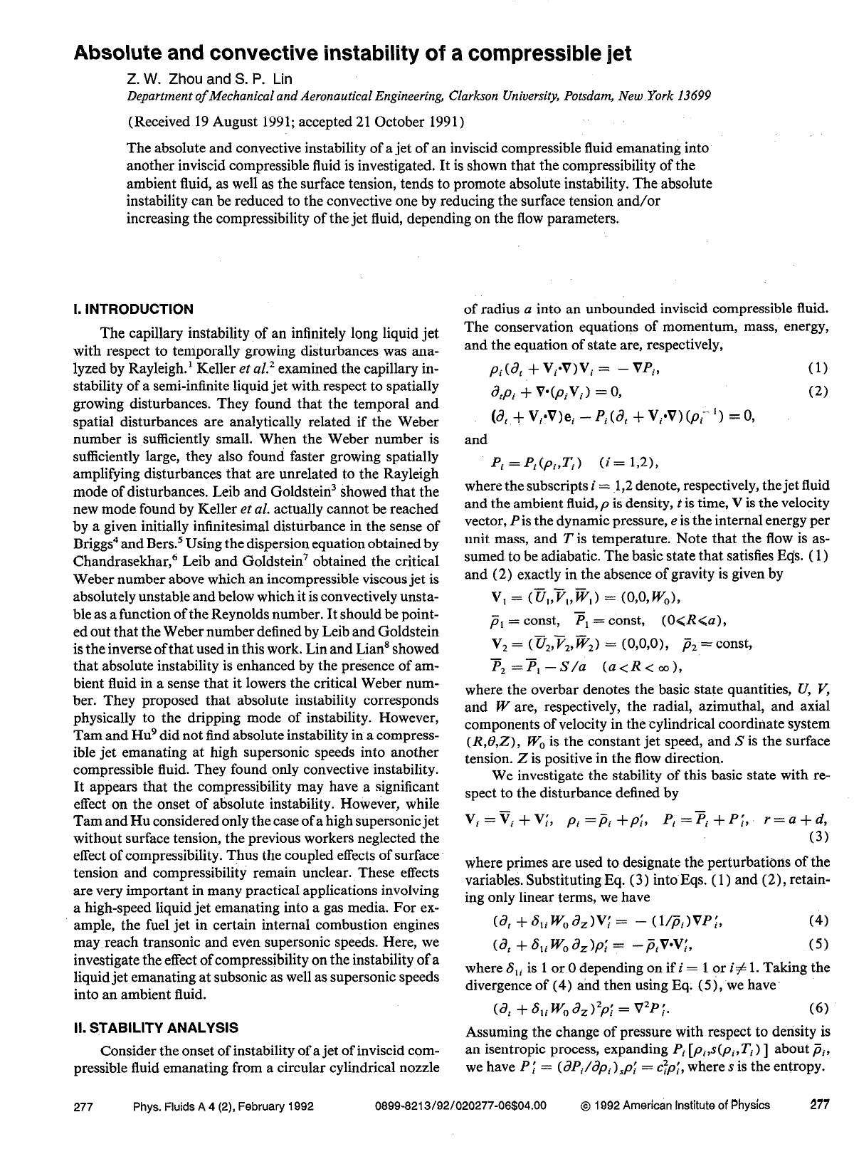 Absolute and convective instability of a compressible jet by Z. W. Zhou; S. P. Lin
