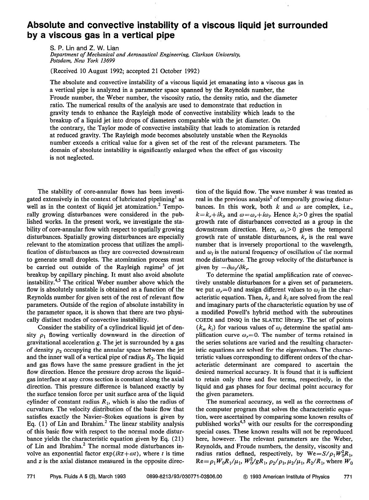 Absolute and convective instability of a viscous liquid jet surrounded by a viscous gas in a vertical pipe by S. P. Lin; Z. W. Lian