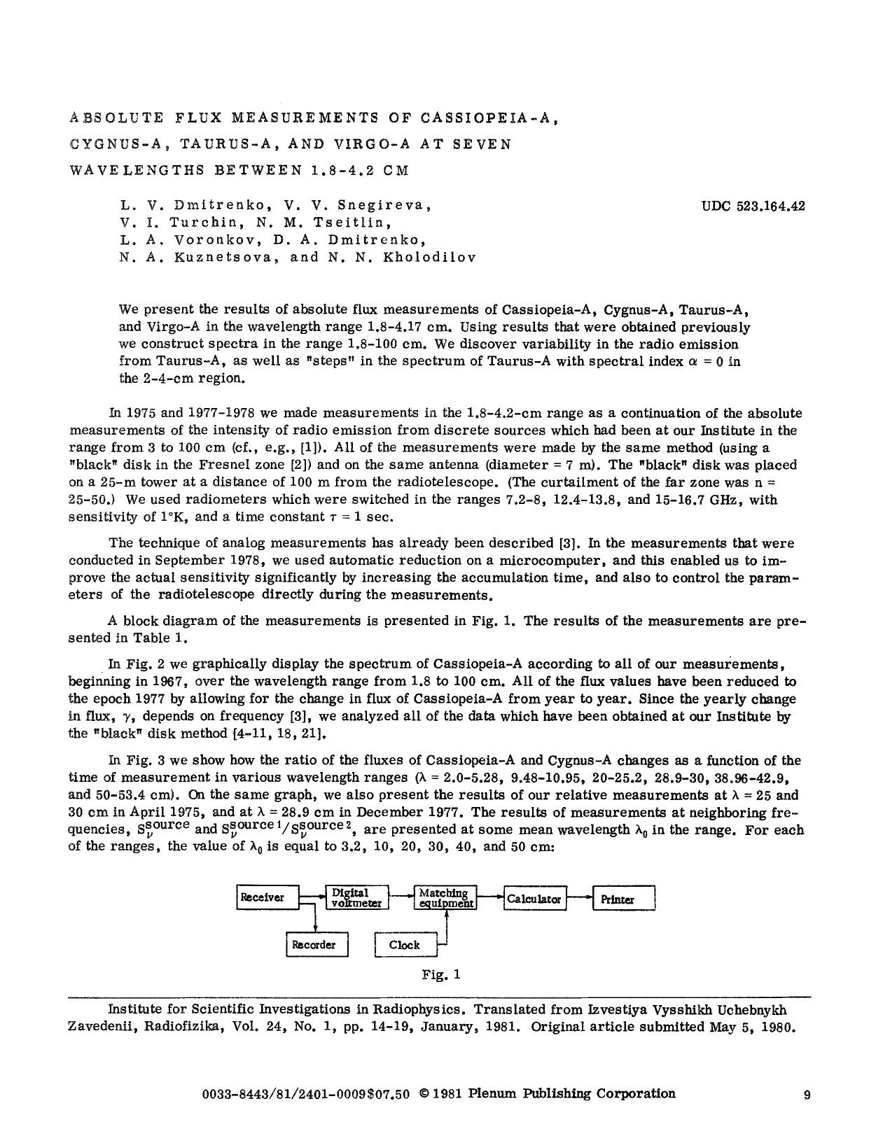 Absolute flux measurements of Cassiopeia-A, Cygnus-A, Taurus-A, and Virgo-A at seven wavelengths between 1.8–4.2 cm by Unknown