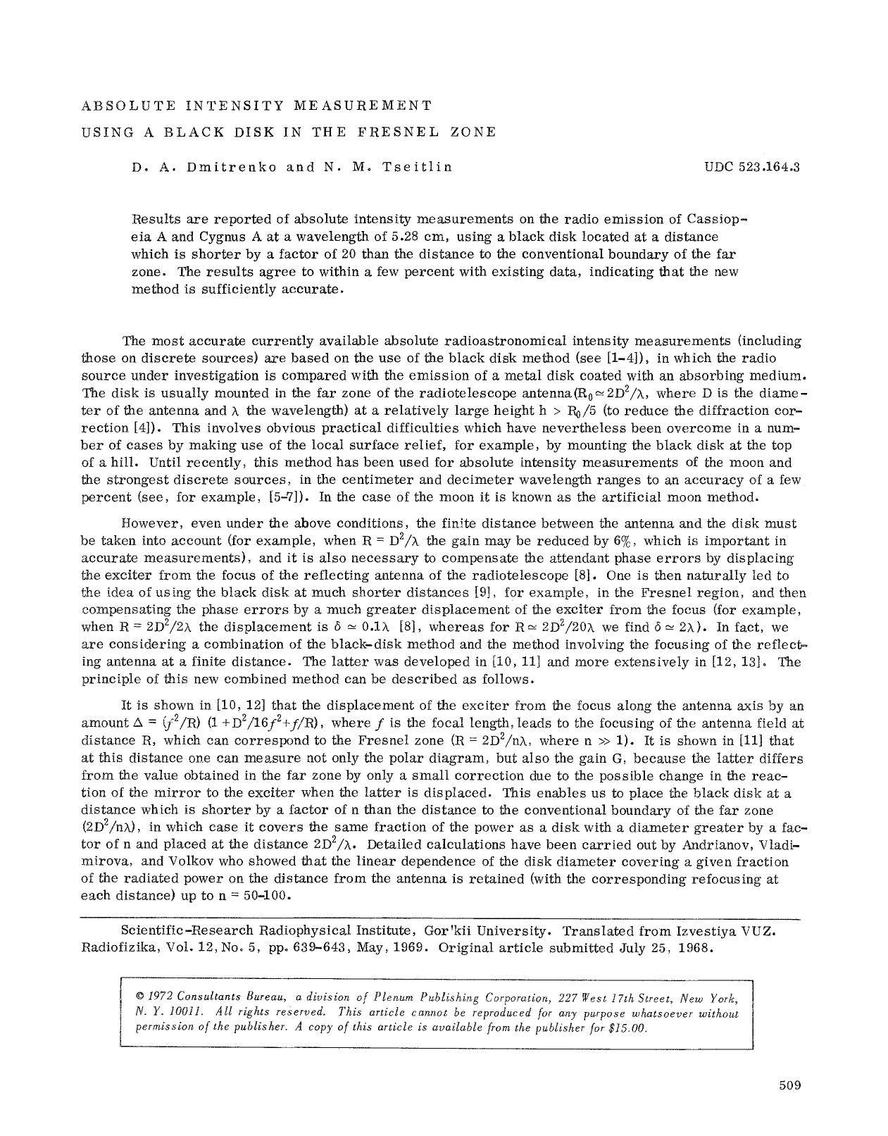 Absolute intensity measurement using a black disk in the presnel zone by Unknown