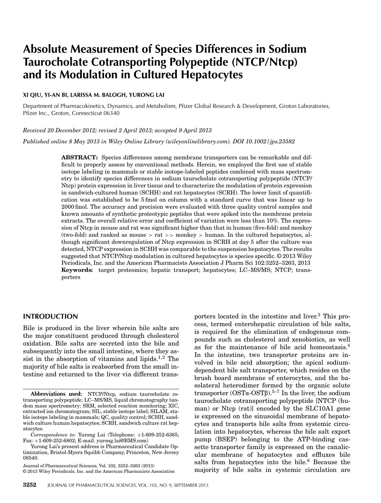 Absolute measurement of species differences in sodium taurocholate cotransporting polypeptide (NTCPNtcp) and its modulation in cultured hepatocytes by Unknown